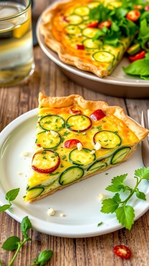 A slice of zucchini quiche with a golden crust and zucchini filling, garnished with herbs on a wooden table.